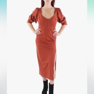 Betsey Johnson Womens Side Slit
Long Maxi Dress Burnt Orange Puff Sleeve LARGE